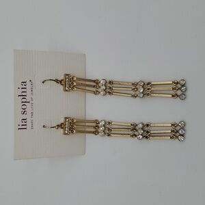 Lia Sophia Gold Streak Retired Earrings Goldtone with cut crystal accents 3.25"